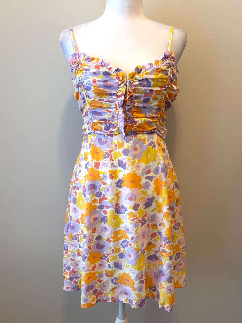 LUSH Colorful Mini Dress Floral Ruched Bust Flowy Yellow Purple Women’s M NWOT